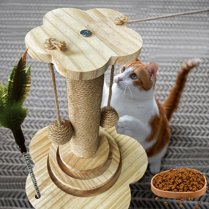 Sisal Cat Scratching Post 2-Layer Ball Track Toy with Teasing Wand and Hanging Toy Ball