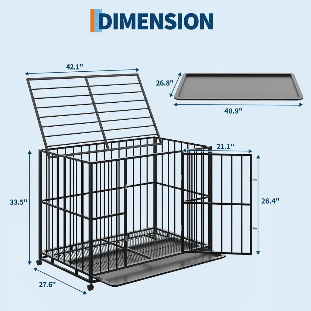 36/42/48 Inch Heavy Duty Stainless Steel Dog Crate Escape Proof, Indestructible With Wheels & Removable Tray