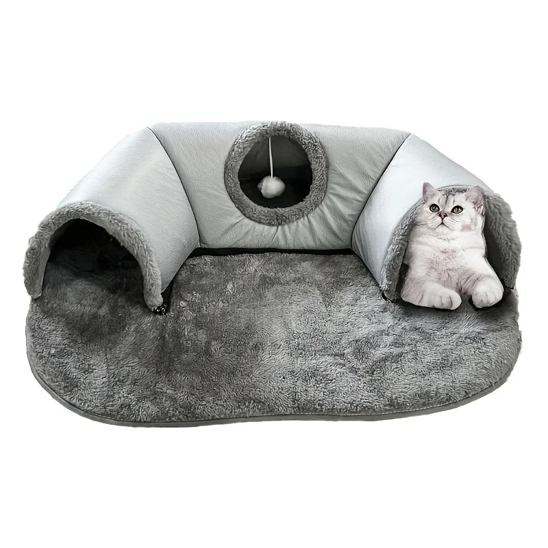 3-in-1 Cozy Cat Tunnel Bed - Play Mat & Warm Nest with Non-Slip Base