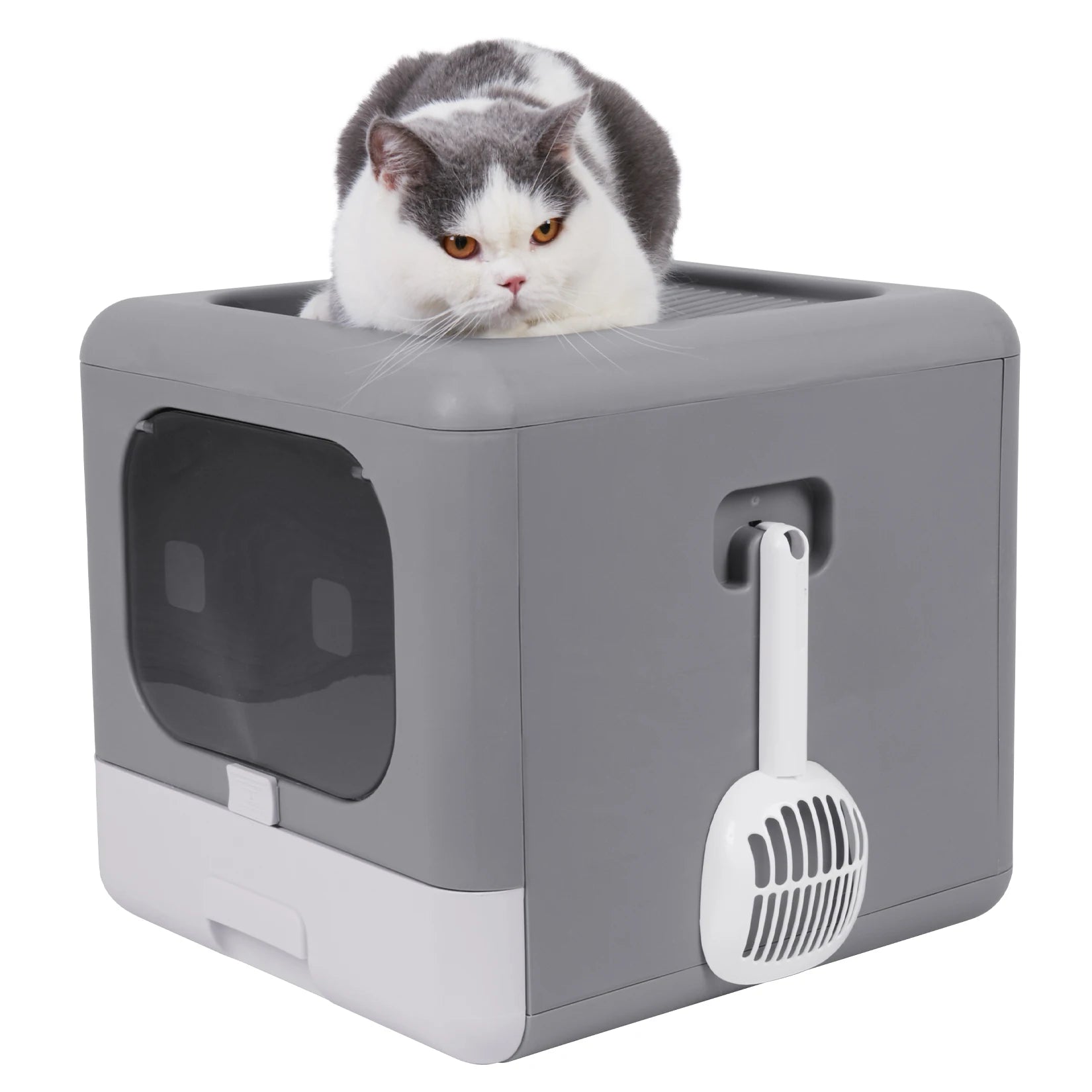 Cat Litter Box with Scoop and Tray Sifting Enclosed, Foldable, Top & Front Entry