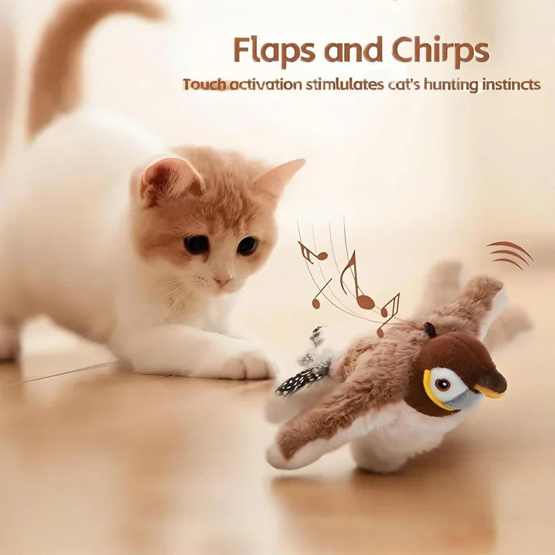 Interactive Cat Toy Flapping Bird with Catnip, Rechargeable Simulation Bird Touch Activated Fluffy Plush Toy