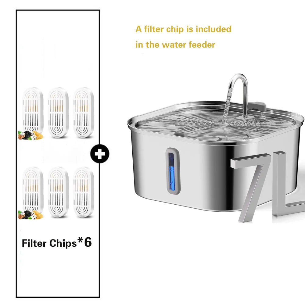 7L Large Capacity Stainless Steel Automatic Drink Water Fountain Feeder Bowl Silent (No 5V 1A Plug)