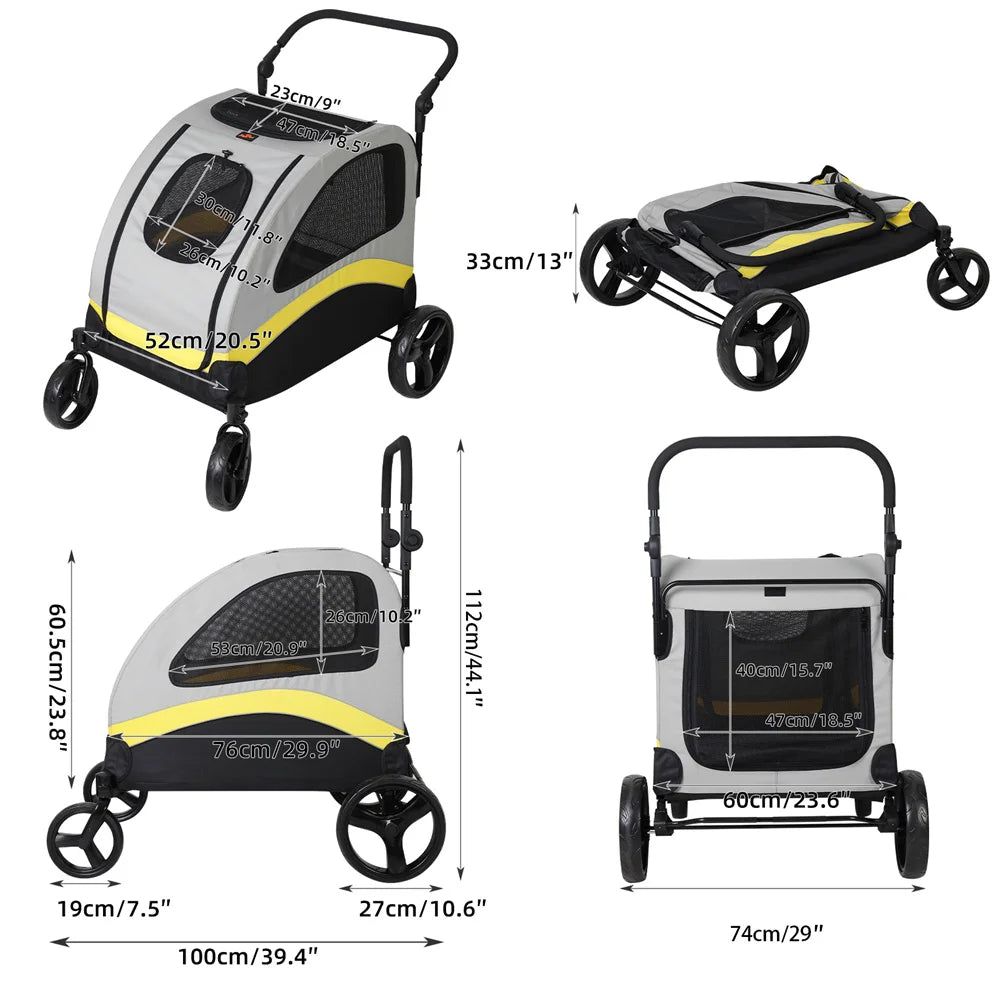 Premium Dog Stroller Pram 4 Wheel Foldable Cart, Travel, Walk, Pet Jogger Wagon for Small Medium Large Dogs