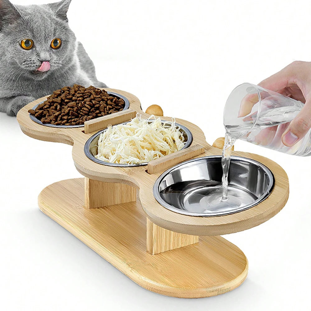 3 Bowls in 1 Cat Feeder, Feeding & Watering Bowl, 15-Degree Tilt, Raised Stainless Steel Bowls, Wood Brackets