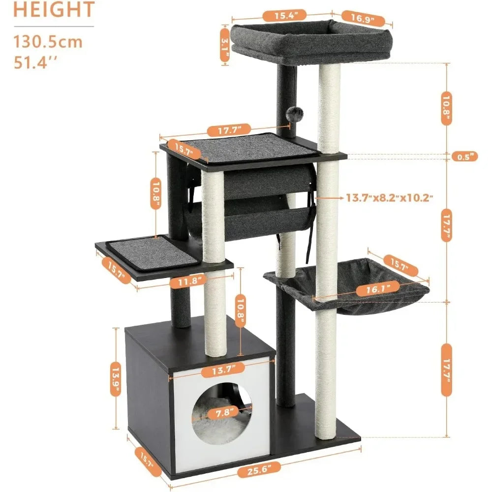 Modern Cat Tree Wooden with Fully Sisal Covered Scratching Posts, Cozy Condo, Spacious Perch