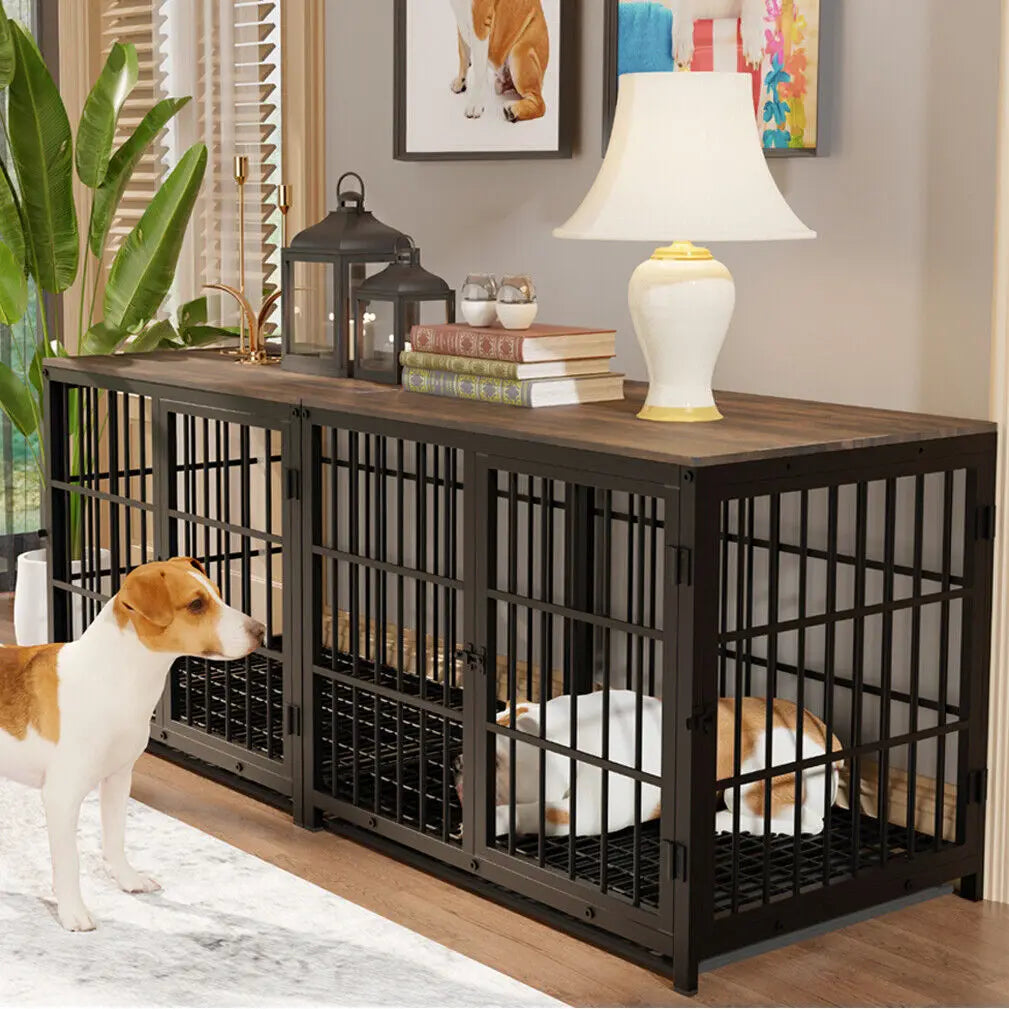 Furniture Style Dog Crate Metal and Wood, Pet Kennel End Table with Three Doors and Removable Tray