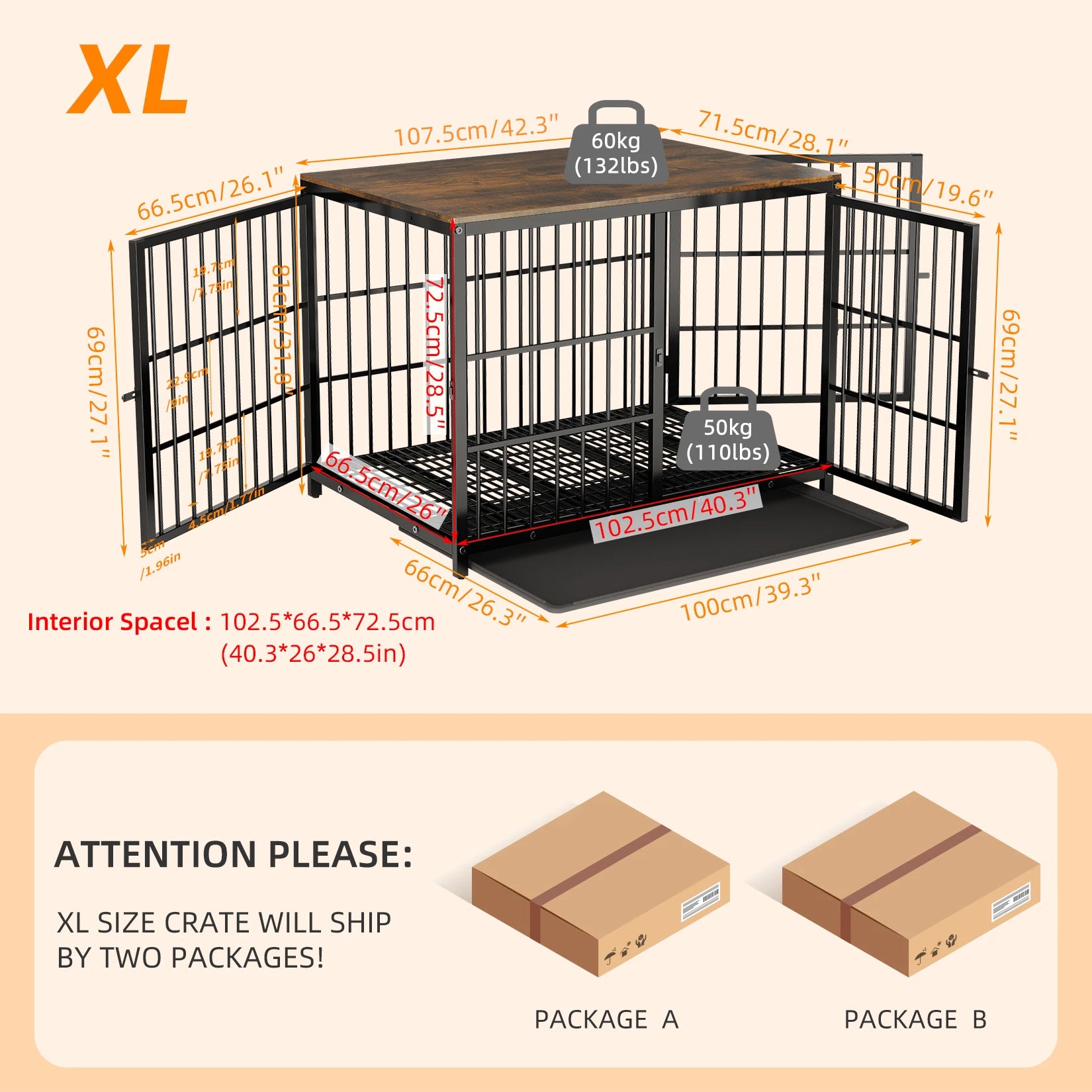 Furniture Style Dog Crate Metal and Wood, Pet Kennel End Table with Three Doors and Removable Tray