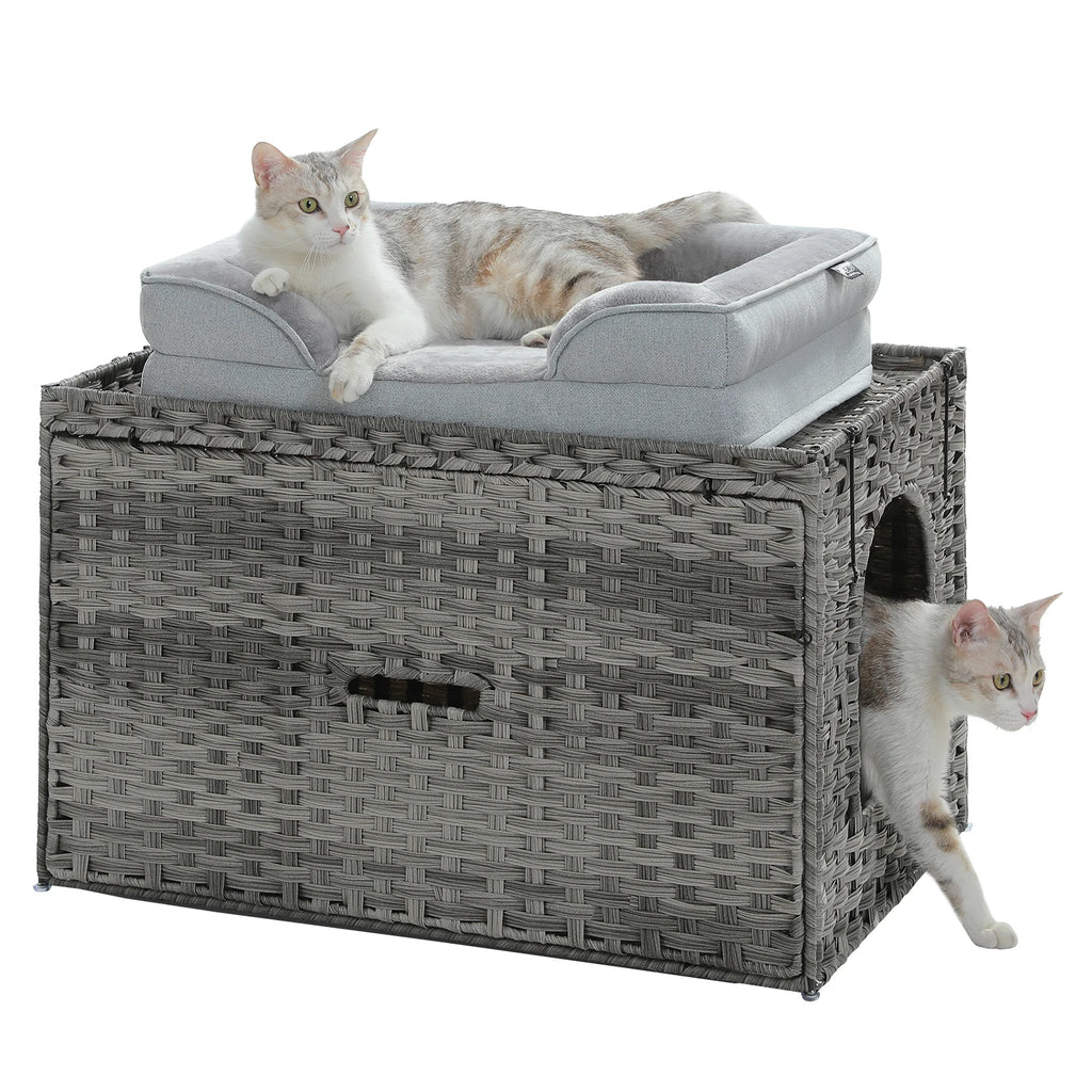Rattan Cat Litter Box Enclosure Furniture with Door, Handwoven Hidden Litter Box, Odor Control, Cat House Bed