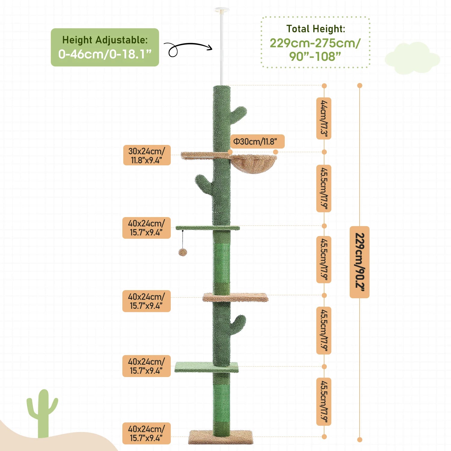 Cat Tree 5-Tier Floor to Ceiling Tower Cactus with Scratching Post, Hammock, Dangling Ball for Indoor