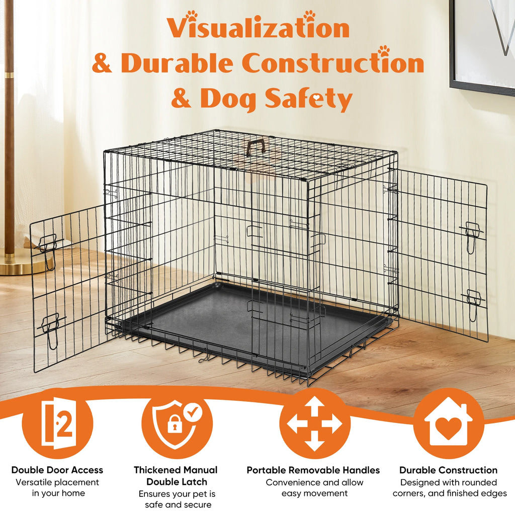 JHK Double Door Folding Metal Wire Dog Kennel with Plastic Leak-Proof Pan Tray, Extra Large