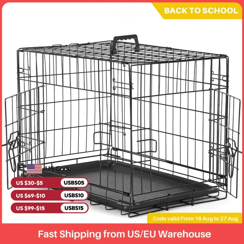 JHK Double Door Folding Metal Wire Dog Kennel with Plastic Leak-Proof Pan Tray, Extra Large