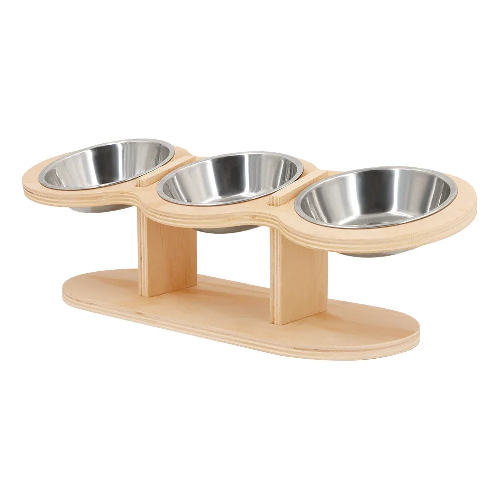 3 Bowls in 1 Cat Feeder, Feeding & Watering Bowl, 15-Degree Tilt, Raised Stainless Steel Bowls, Wood Brackets