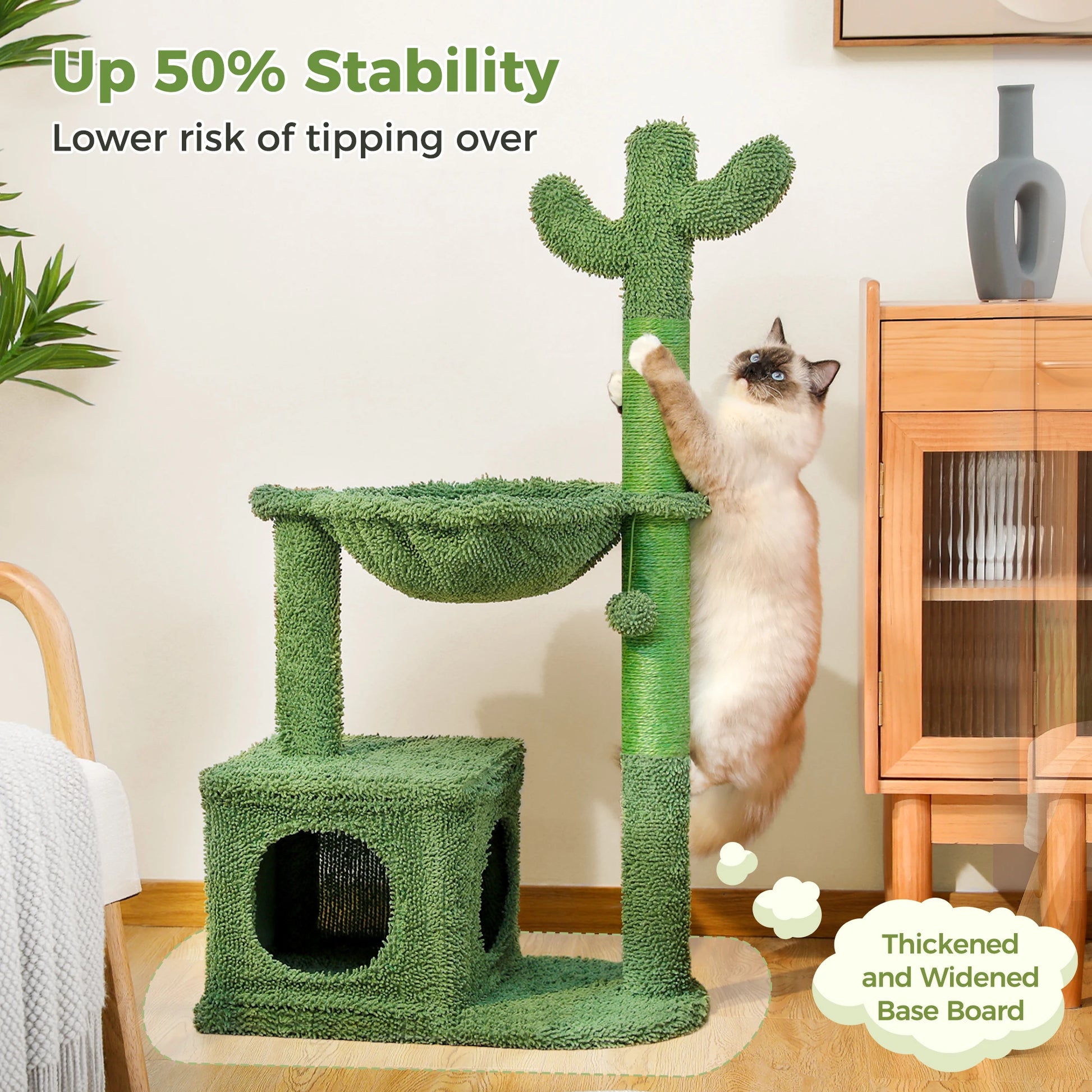 Cactus Cat Tree with Condo, Hammock, Dangling Ball Cat Toy, Cat Scratching Post for Indoor