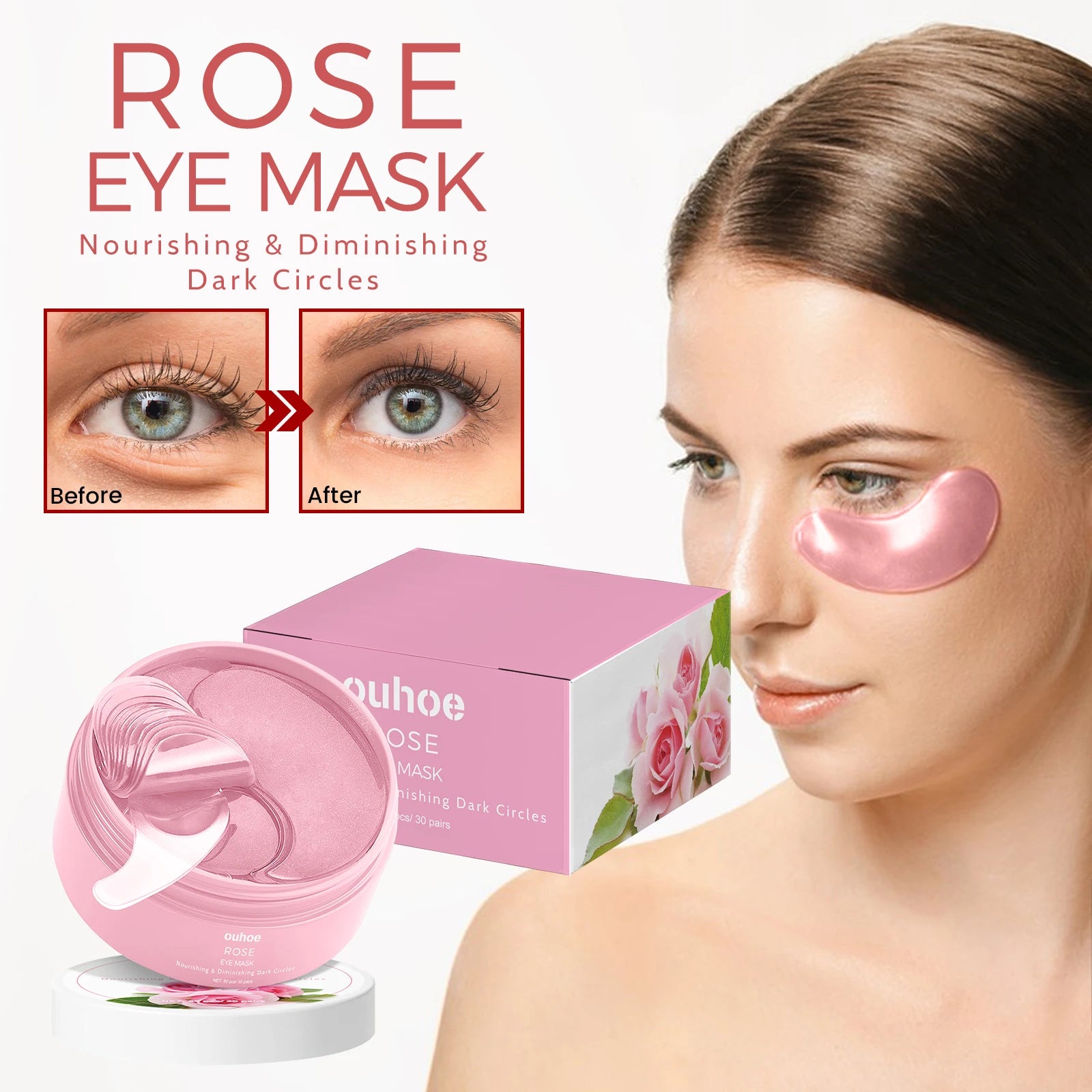 OUHOE 60pcs Rose Eye Mask Fades Fine Lines, Eye Bags, Dark Circles, Moisturizing