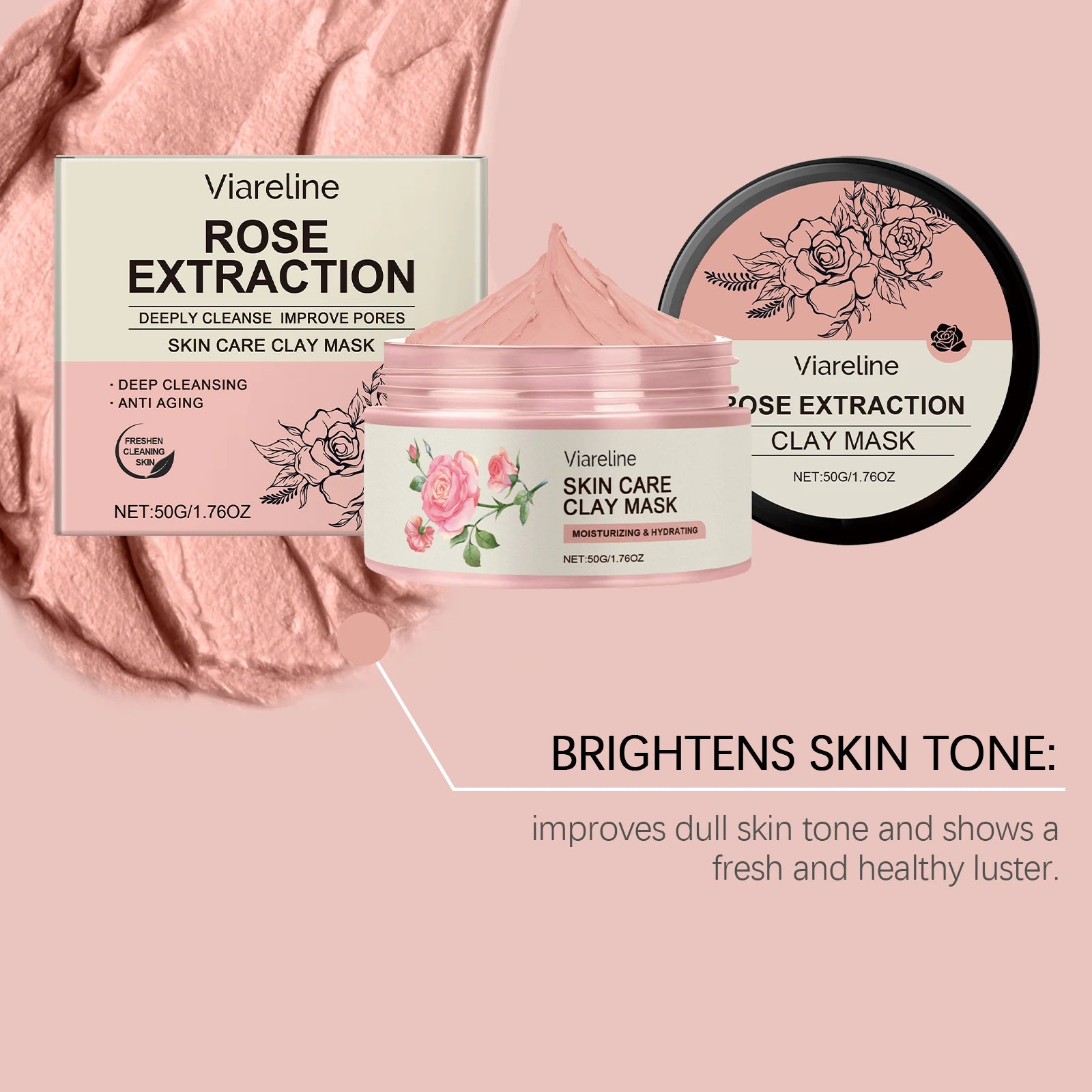 Viareline Rose Face Cleaning Mask Blackhead Remove Pore Dirt, Improve Dullness, Tightening, Gentle Mud Mask