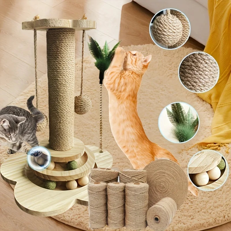 Sisal Cat Scratching Post 2-Layer Ball Track Toy with Teasing Wand and Hanging Toy Ball