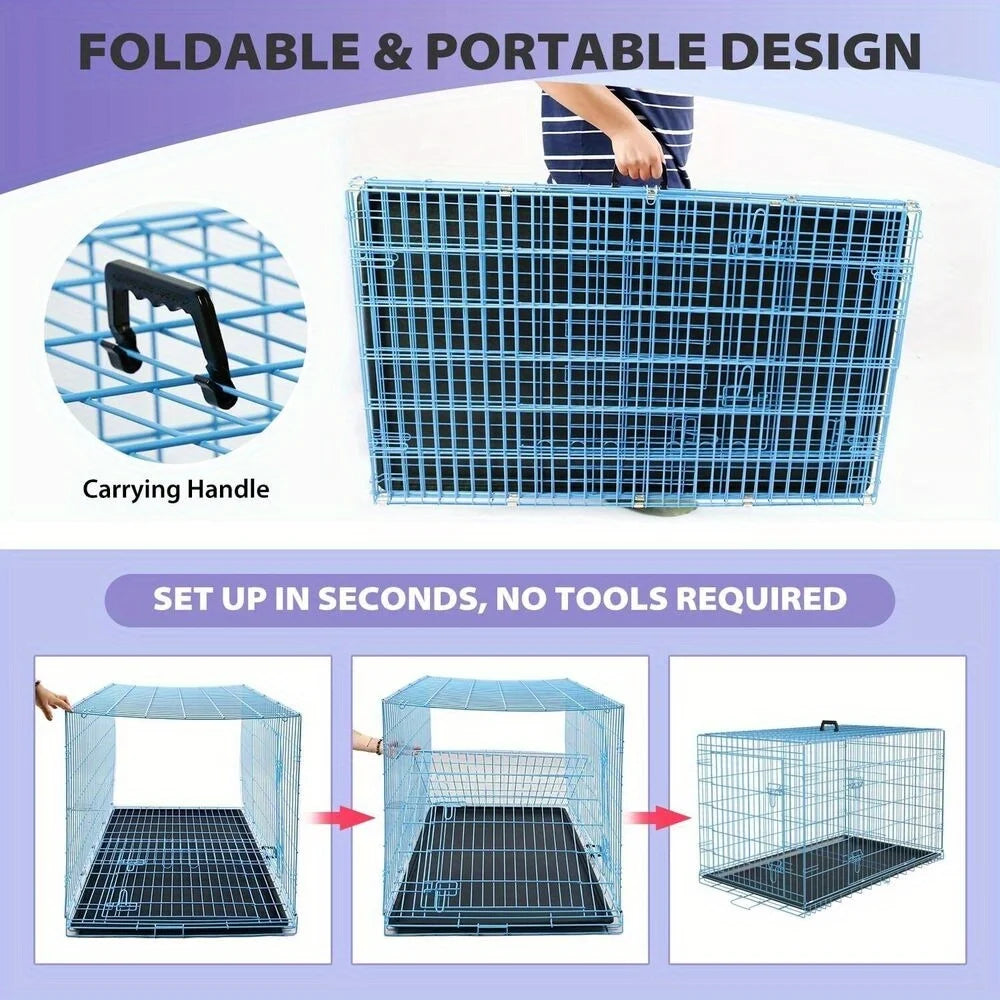Folding wire kennel for large dog with double doors, rounded corners crate for safety