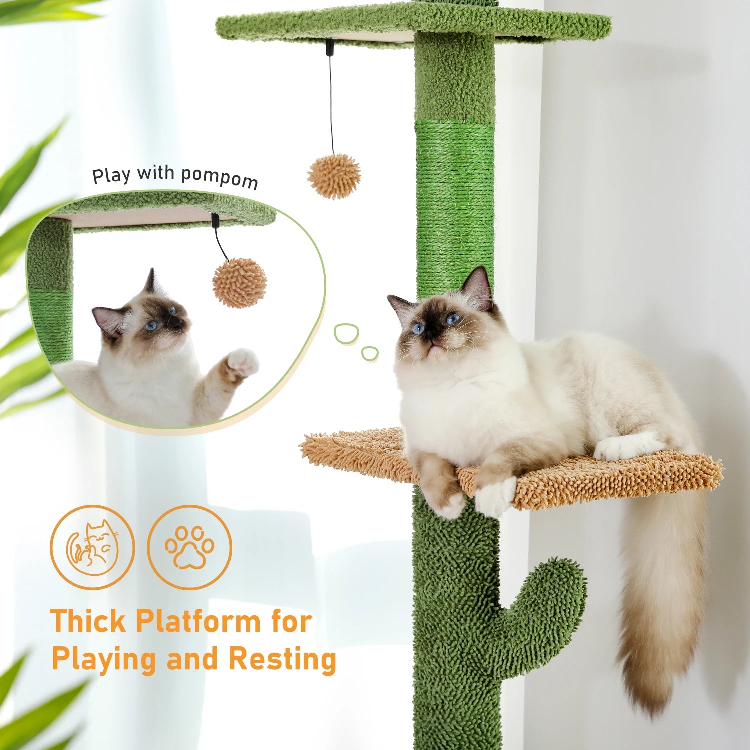 Cat Tree 5-Tier Floor to Ceiling Tower Cactus with Scratching Post, Hammock, Dangling Ball for Indoor