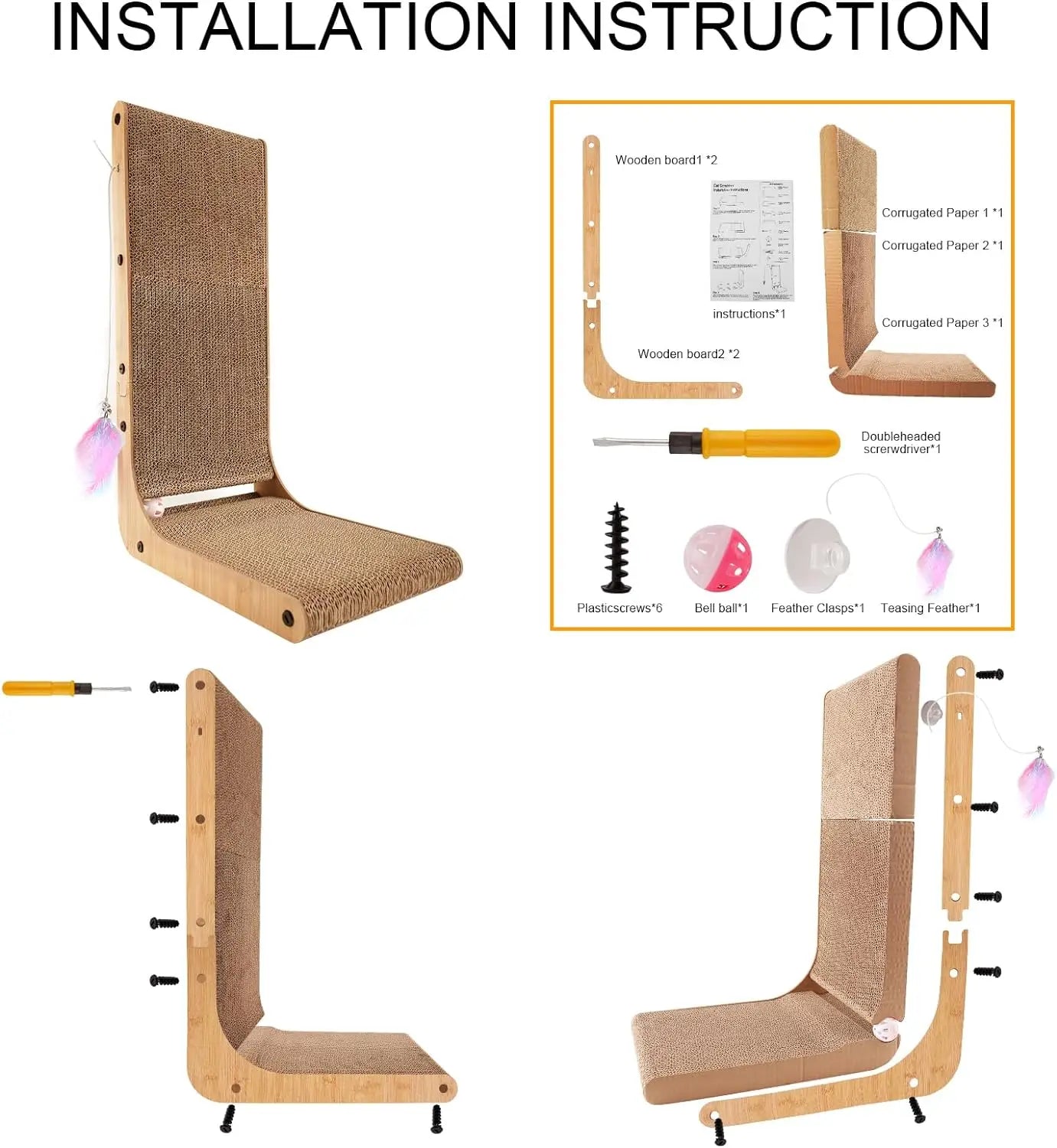 L Shape Cat Scratcher, 23.6 Inch for Indoor Cats, Protecting Furniture Scratch Pad, Cardboard