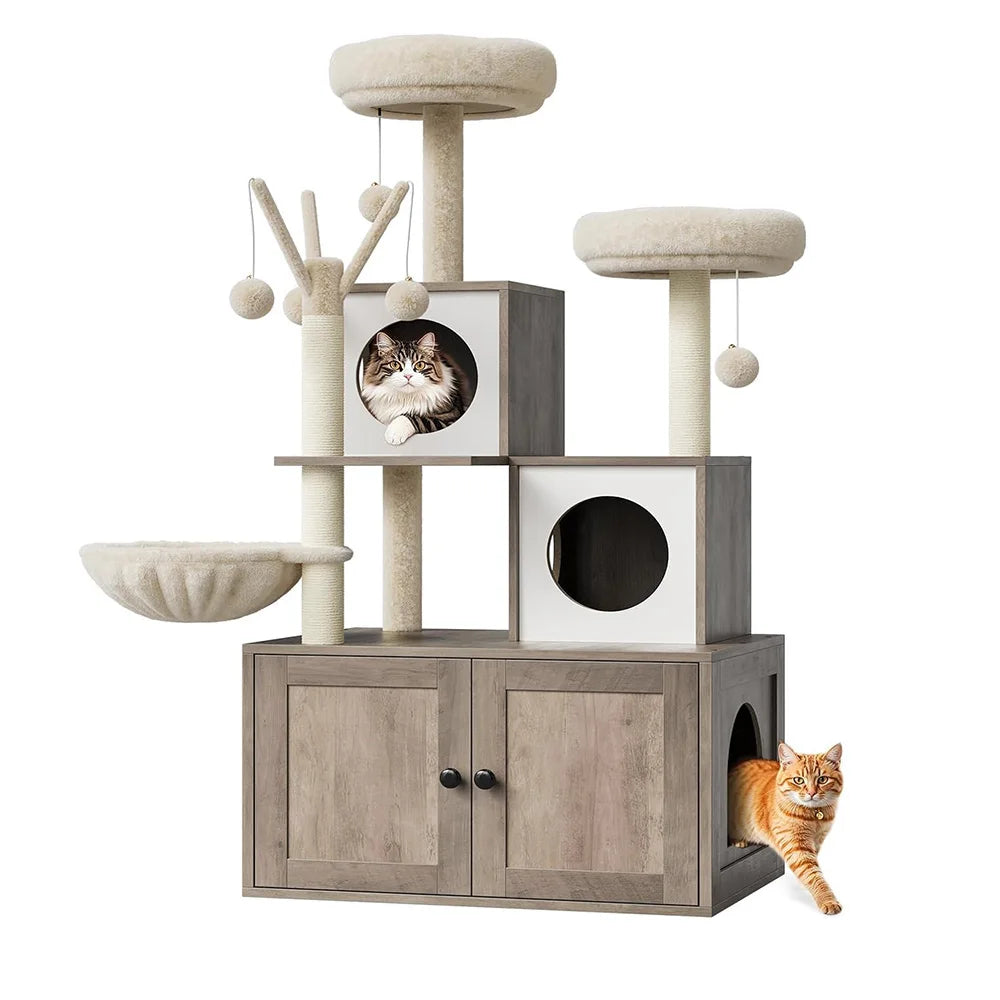 Litter Box Enclosure with Cat Tree Tower Condo for Climbing, Wooden Furniture
