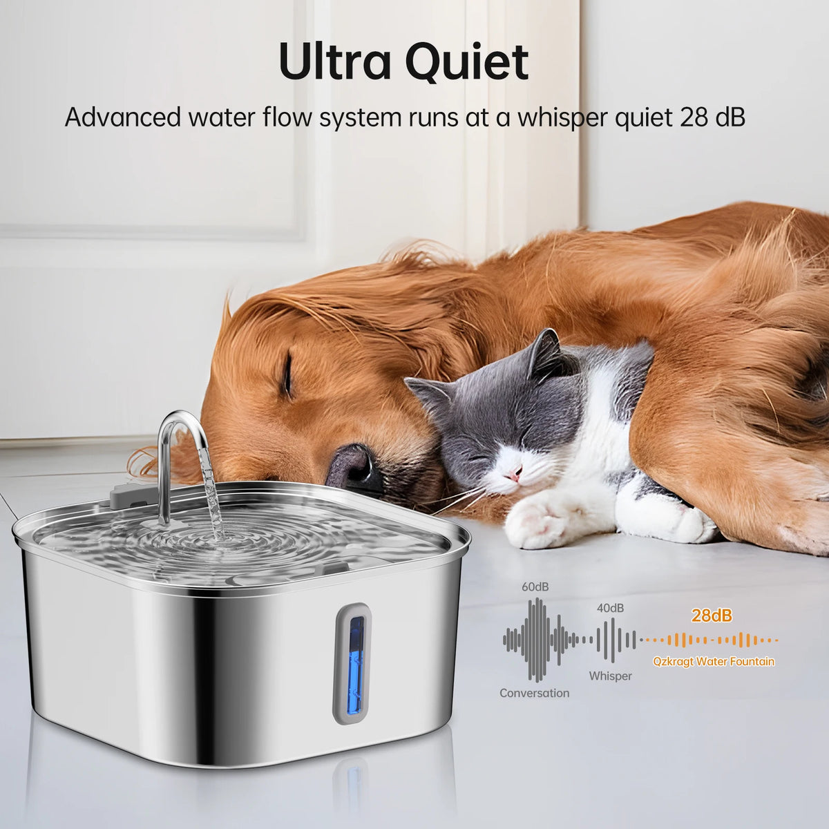 7L Large Capacity Stainless Steel Automatic Drink Water Fountain Feeder Bowl Silent (No 5V 1A Plug)