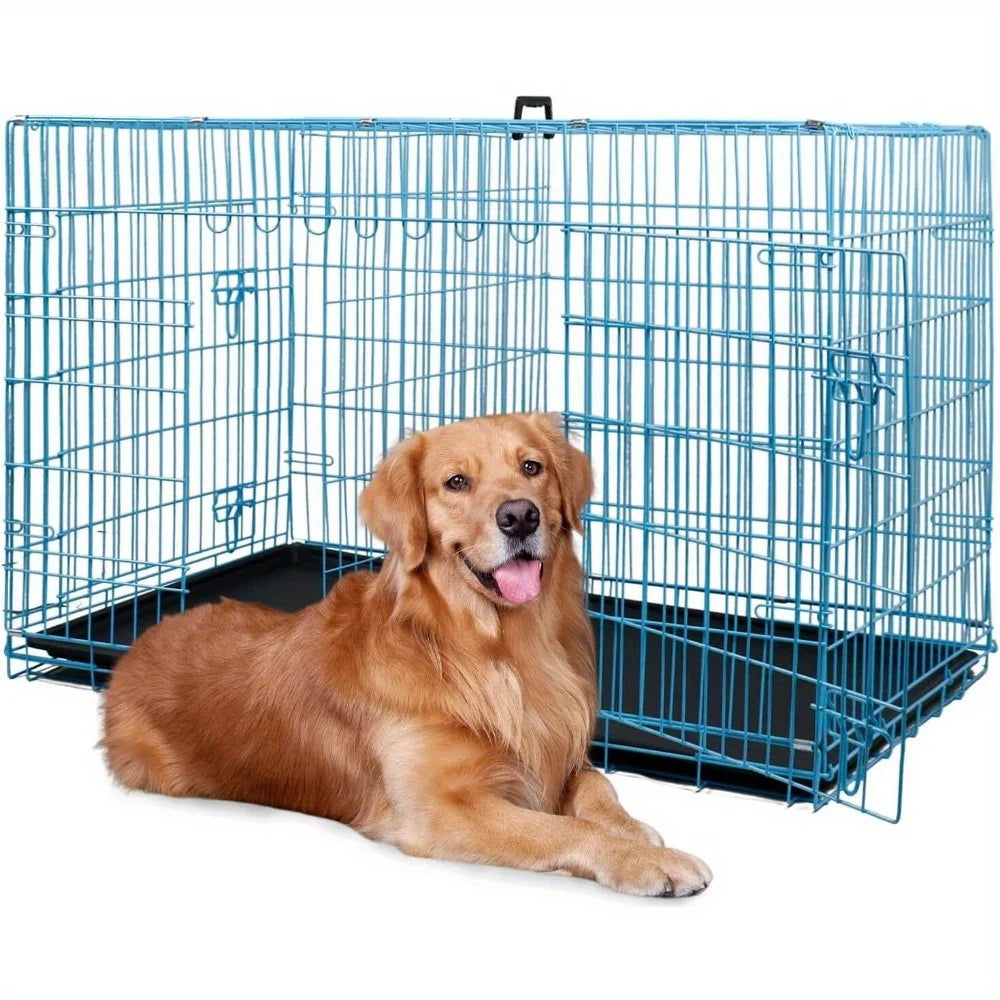 Folding wire kennel for large dog with double doors, rounded corners crate for safety