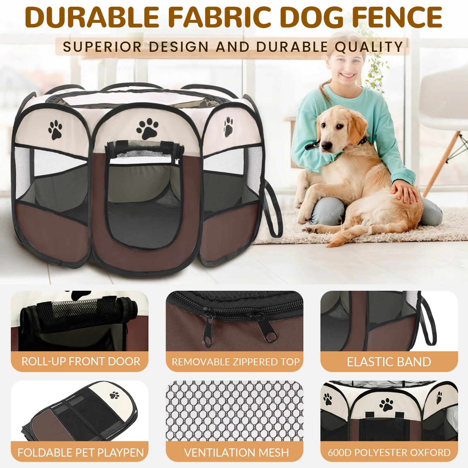 Foldable Pet Playpen for Dogs & Cats - Durable Oxford Cloth with Removable Zipper, Portable Octagonal Design for Indoor/Outdoor
