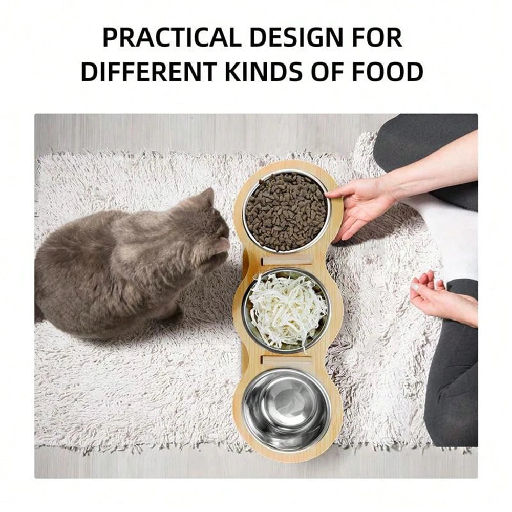 3 Bowls in 1 Cat Feeder, Feeding & Watering Bowl, 15-Degree Tilt, Raised Stainless Steel Bowls, Wood Brackets