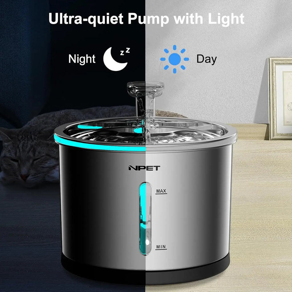 NPET Cat Water Fountain Stainless Steel, 50oz/1.5L Dishwasher Safe with Visible Window Light