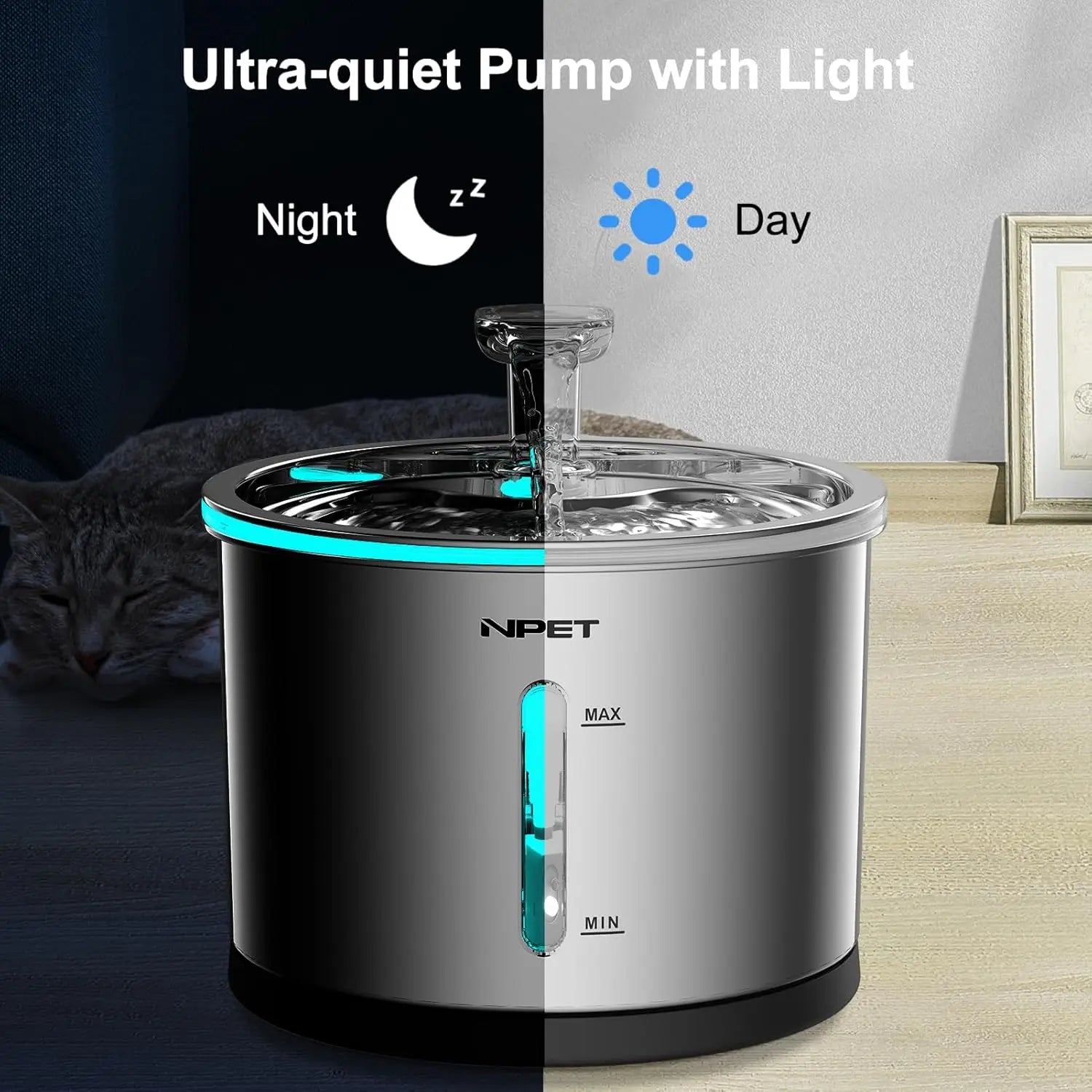 NPET Cat Water Fountain Stainless Steel, 50oz/1.5L Dishwasher Safe with Visible Window Light