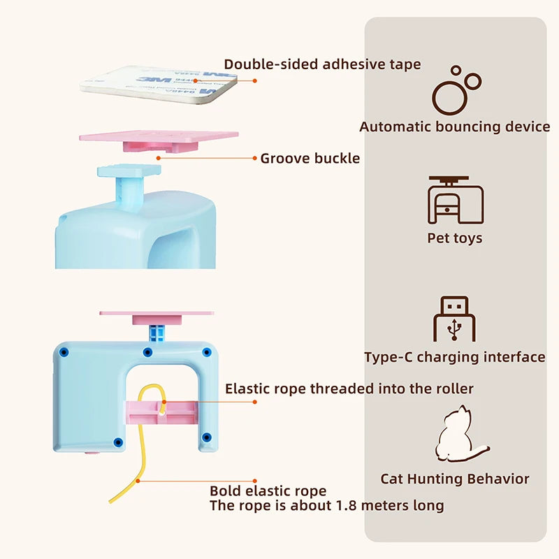 Interactive Hanging Cat Retractable String, Rechargeable Toy with 3 Flying Feathers