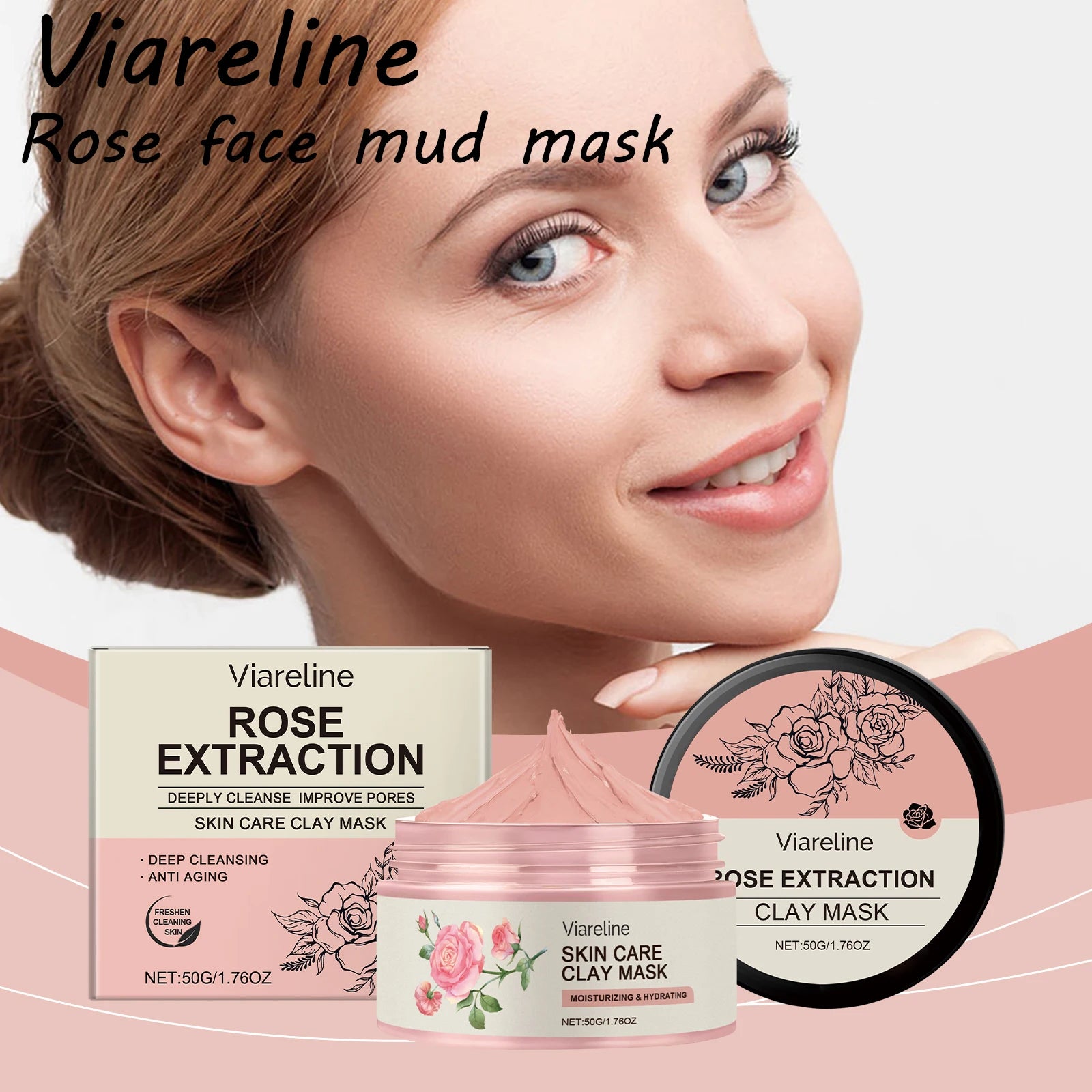 Viareline Rose Face Cleaning Mask Blackhead Remove Pore Dirt, Improve Dullness, Tightening, Gentle Mud Mask