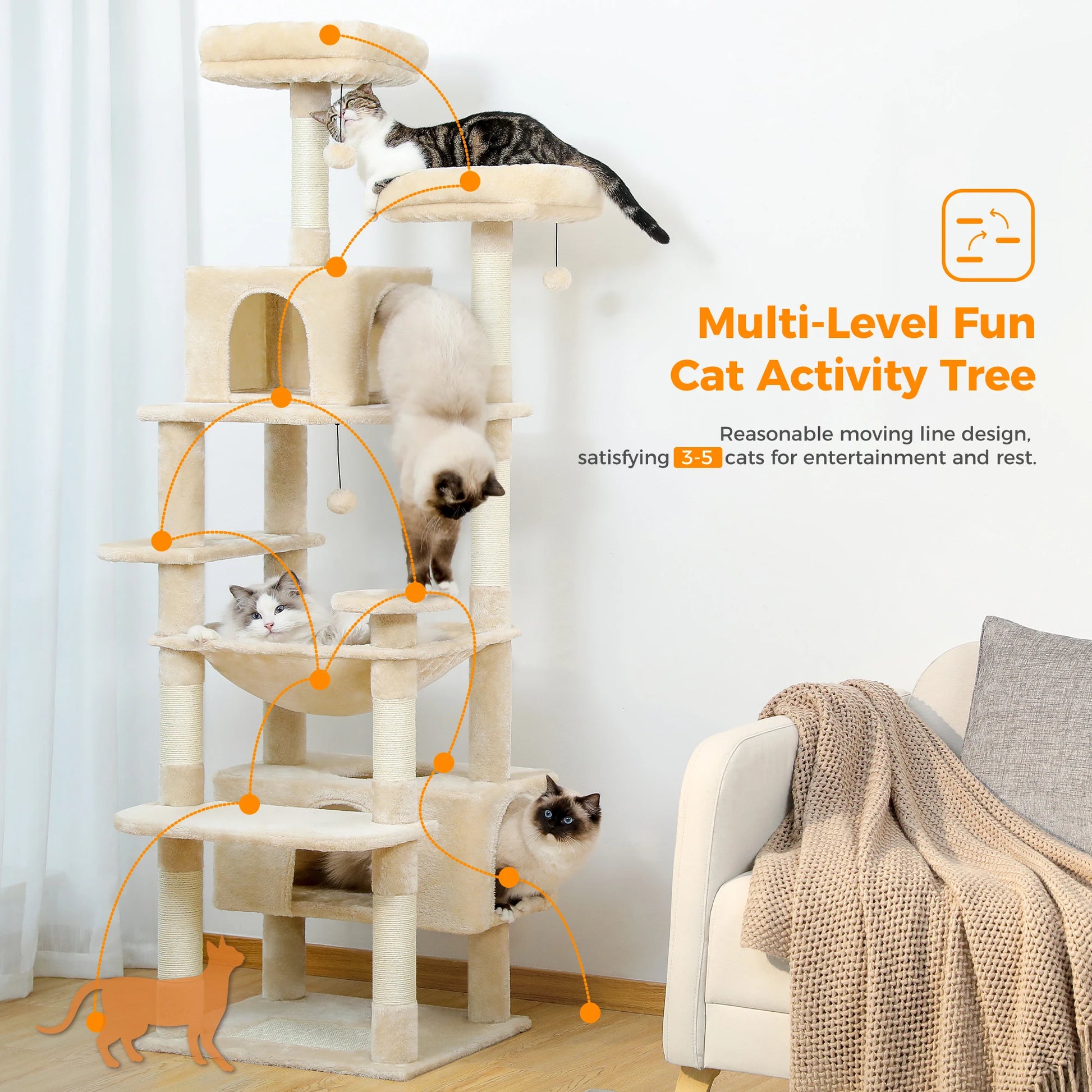 184cm Large Cat Tree Tower for Indoor with Scratching Posts, Hammock, Padded Perches and Condos