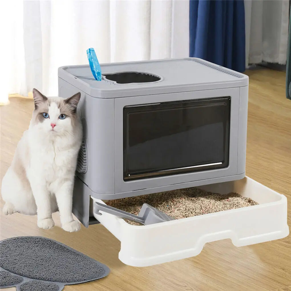 Foldable Cat Litter Box Front Entry & Top Exit with Massager, Litter Scoop Included