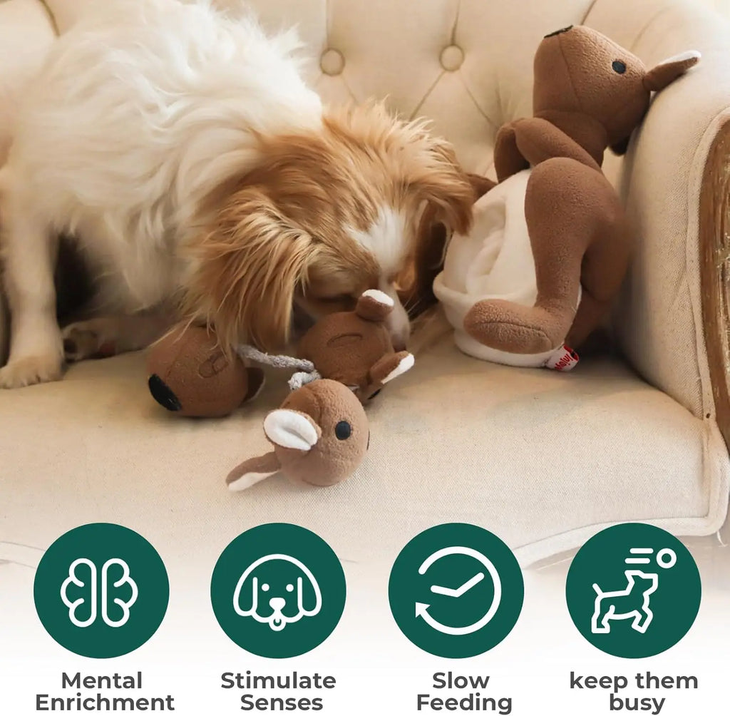 Interactive Kangaroo Plush Dog Toy with Squeaker & Treat Pouch - Snuffle Enrichment Puzzle for Small Medium Dogs