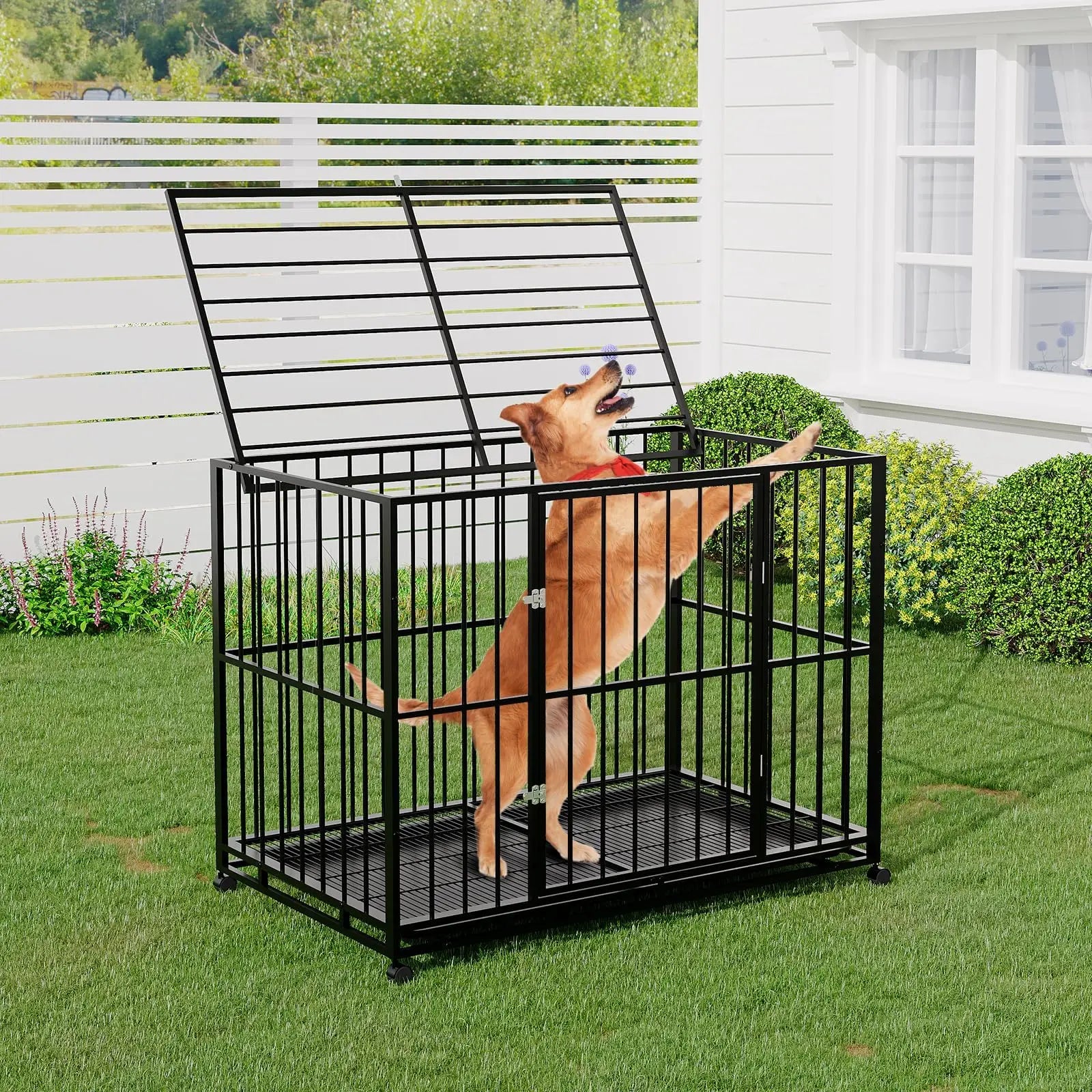 36/42/48 Inch Heavy Duty Stainless Steel Dog Crate Escape Proof, Indestructible With Wheels & Removable Tray