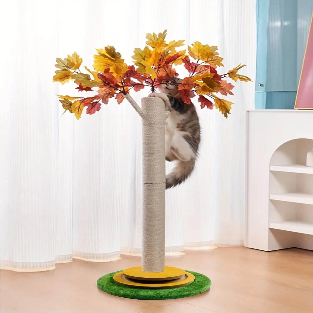 Maple Leaf Cat Scratching Post with Wooden Turntable Base Features Cat Toy Interactive Wooden Ball