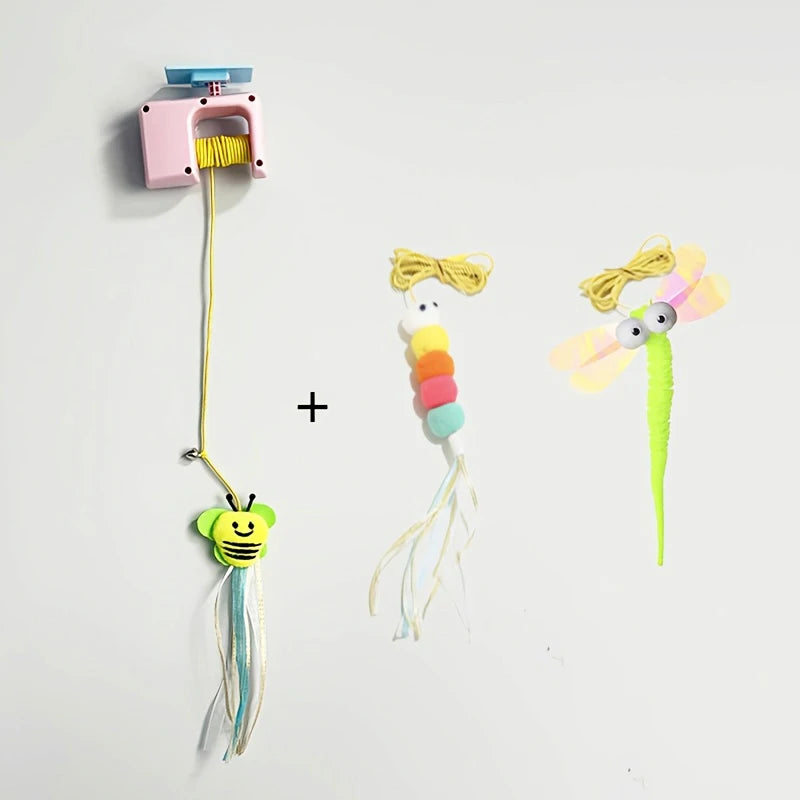 Interactive Hanging Cat Retractable String, Rechargeable Toy with 3 Flying Feathers