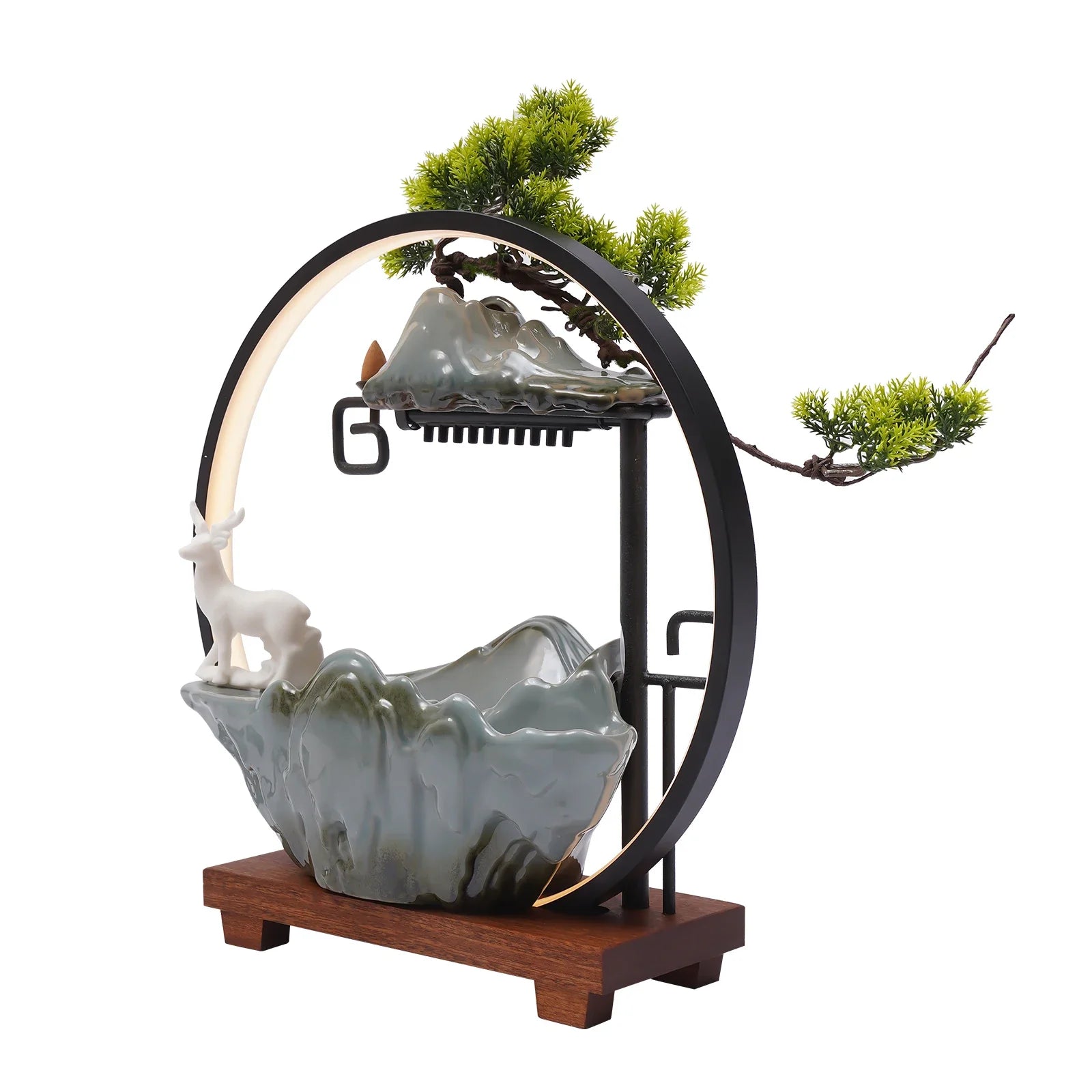 Tabletop Fountain with LED Light & Mist, Ceramic Waterfall with Deer, Vivid Plants & Animals