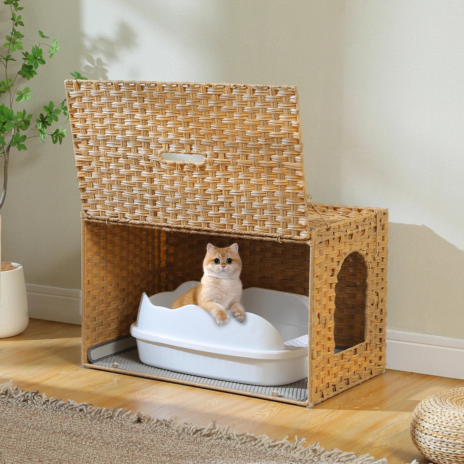 Rattan Cat Litter Box Enclosure Furniture with Door, Handwoven Hidden Litter Box, Odor Control, Cat House Bed
