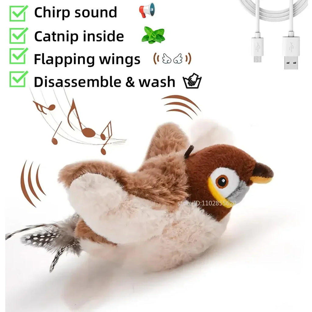 Simulated Bird Cat Toy Interactive Rechargeable Chirping, Flapping Wings, Catnip, Touch Activated
