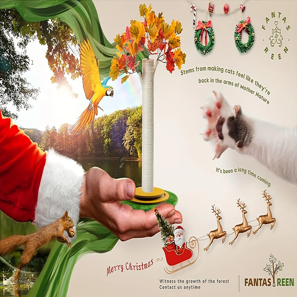 Maple Leaf Cat Scratching Post with Wooden Turntable Base Features Cat Toy Interactive Wooden Ball