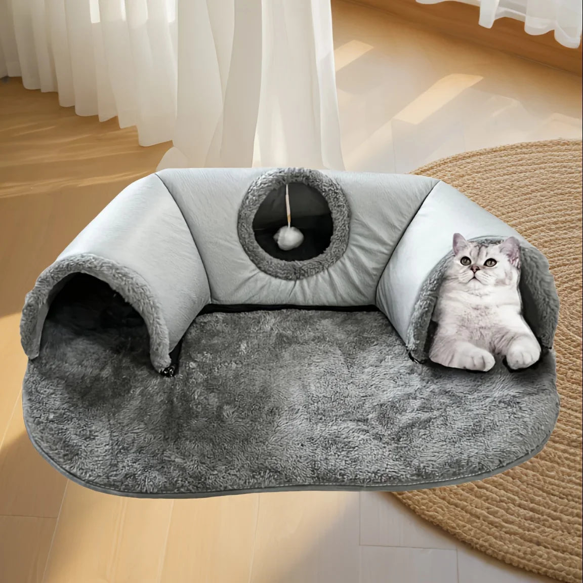 3-in-1 Cozy Cat Tunnel Bed - Play Mat & Warm Nest with Non-Slip Base