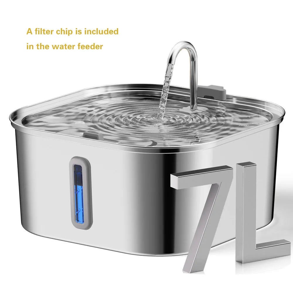 7L Large Capacity Stainless Steel Automatic Drink Water Fountain Feeder Bowl Silent (No 5V 1A Plug)