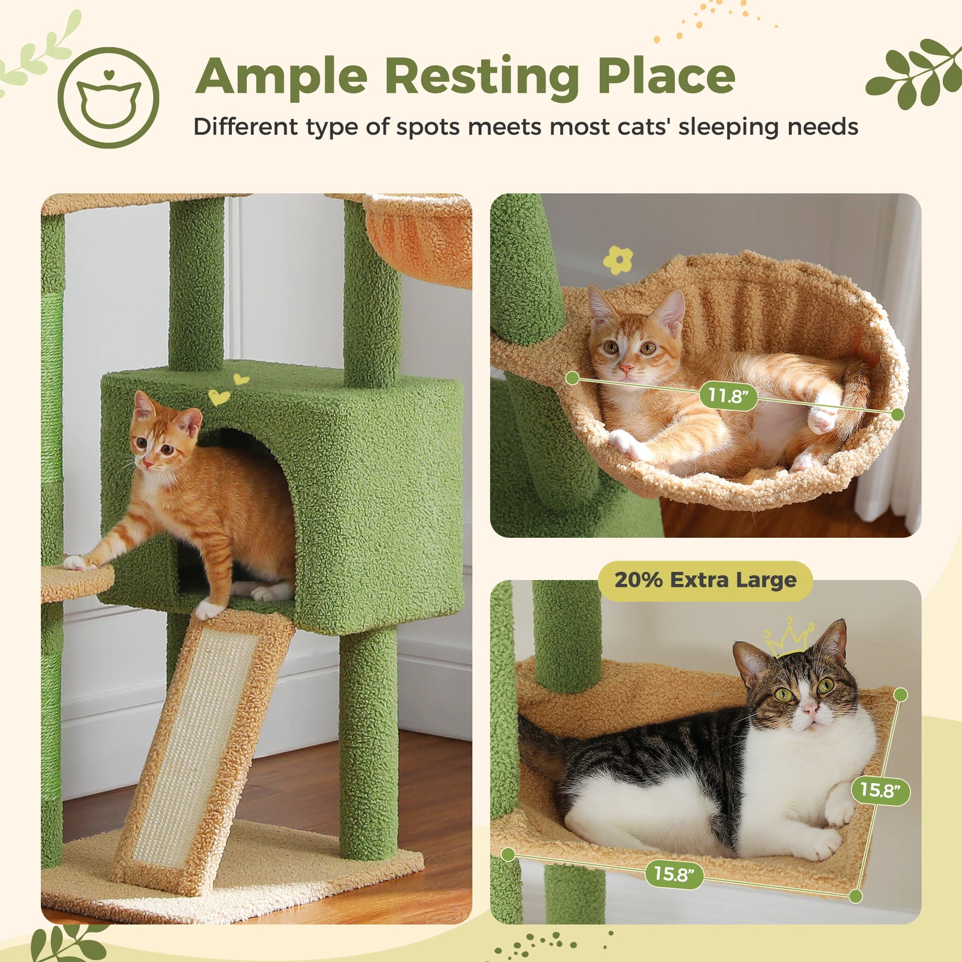 Cactus Cat Tree Floor to Ceiling Tower Adjustable Height with Cozy Condo, Hammock and Scratching Post