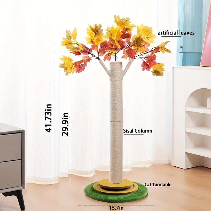 Maple Leaf Cat Scratching Post with Wooden Turntable Base Features Cat Toy Interactive Wooden Ball