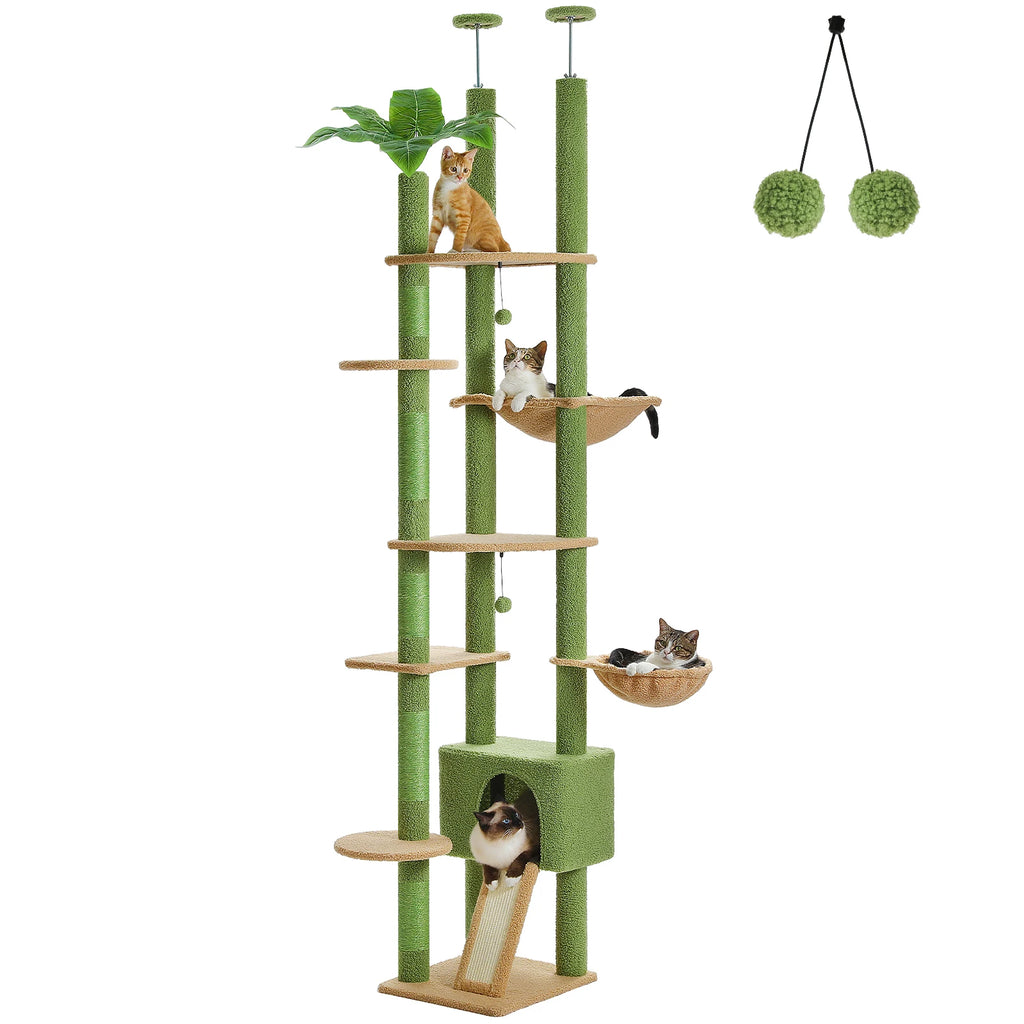 Cactus Cat Tree Floor to Ceiling Tower Adjustable Height with Cozy Condo, Hammock and Scratching Post