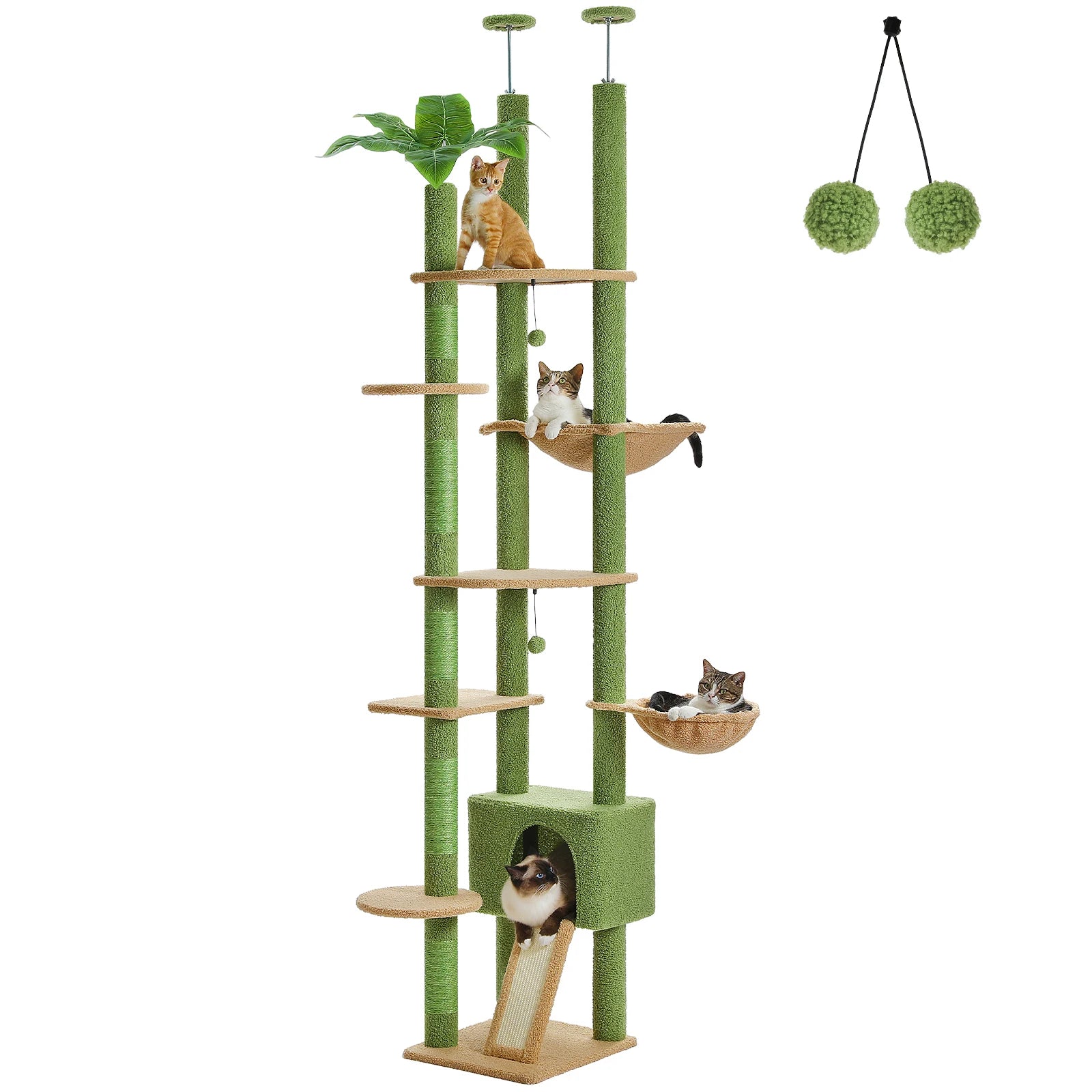 Cactus Cat Tree Floor to Ceiling Tower Adjustable Height with Cozy Condo, Hammock and Scratching Post