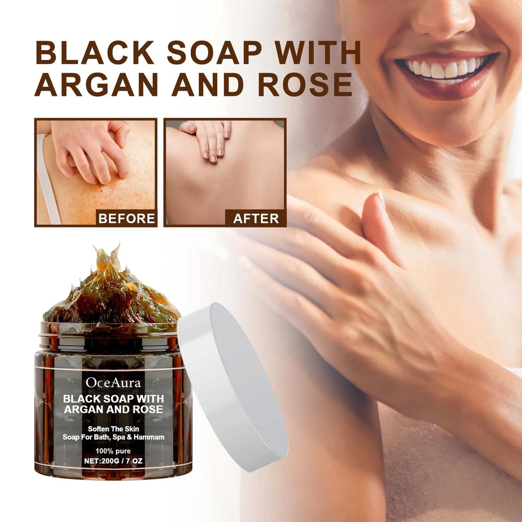 OCEAURA 200g Black Soap With Argan And Rose Body Scrub Purifying Deep Cleansing