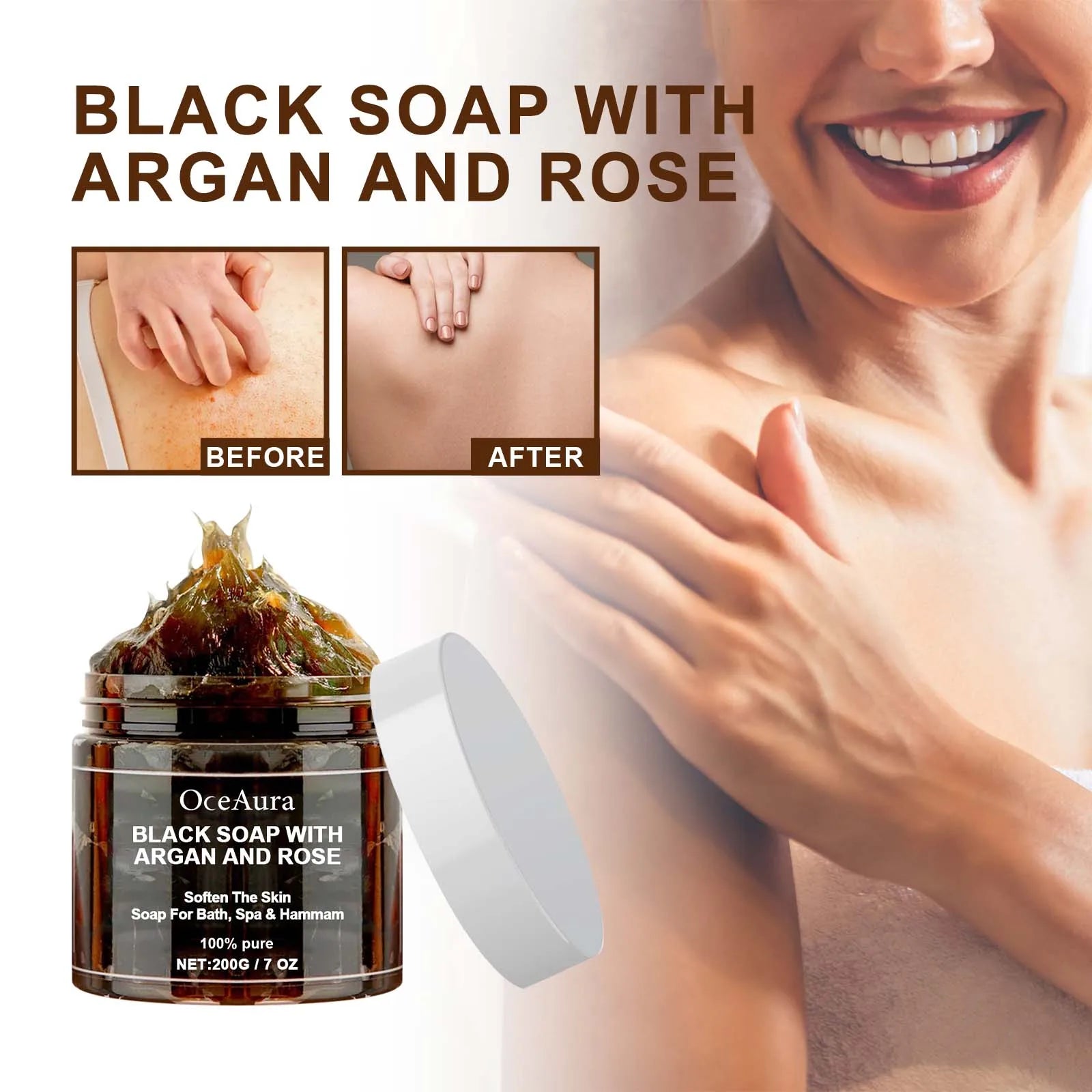 OCEAURA 200g Black Soap With Argan And Rose Body Scrub Purifying Deep Cleansing